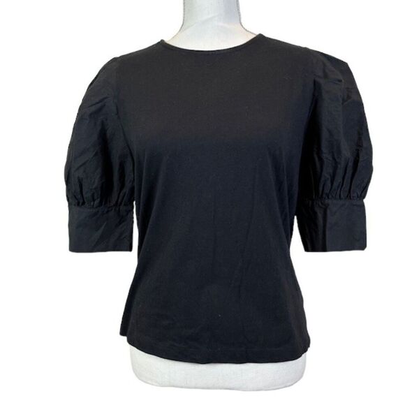 Oak + Fort Puff Sleeve Fitted Black Blouse 100% Cotton Size Medium - Picture 1 of 9